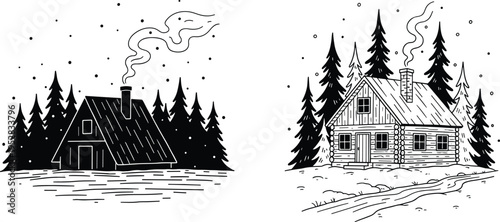 Snowy forest cabins, winter landscape, A‑frame house, log cabin, pine trees, chimney smoke, cozy retreat, peaceful nature, black and white illustration