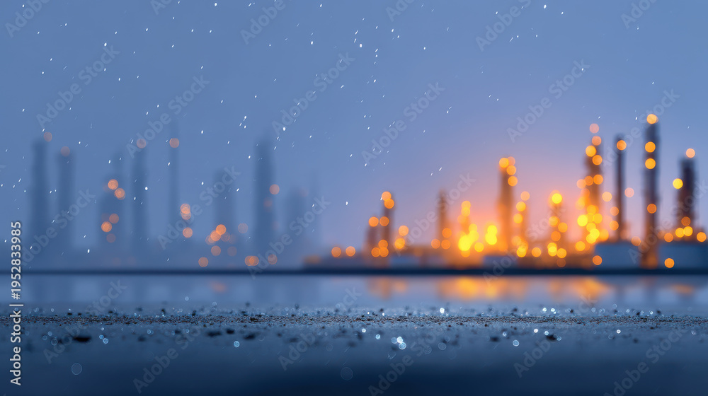 Fototapeta premium Glowing damaged oil refinery at dusk with bokeh lights and foreground rain drops
