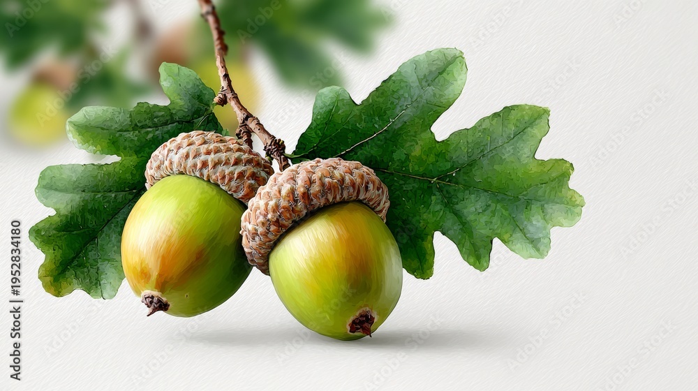 Obraz premium Two green acorns with caps hang from a branch. Surrounding leaves are fresh and detailed. Nature's quiet beauty, ideal for fall themes. Great for seasonal design, environmental projects