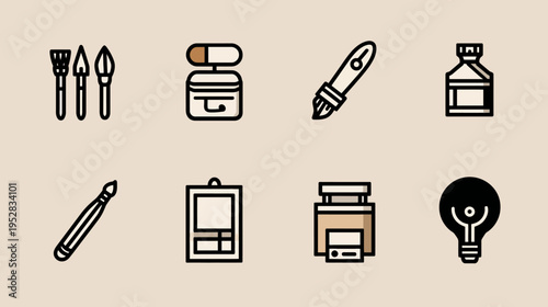 Art and Office Supplies Icon Set. Creative Tools, Design Equipment, Paint Brushes, Ink, Palette, Pencil, Tablet, Printer, Lightbulb