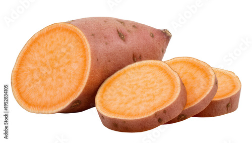 Fotografía Isolated sweet potato cut in half with vibrant orange flesh and several fresh sl