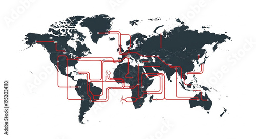 World Map with Red Lines Highlighting Global Connections.