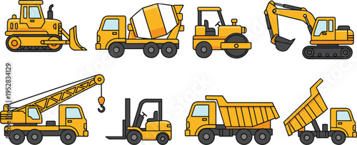 Cartoon construction vehicles set including bulldozer, cement mixer, road roller, excavator, crane, forklift, dump truck, tipper truck, heavy machinery illustration for building industry projects