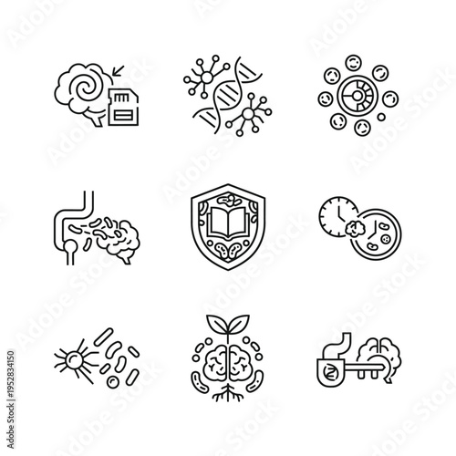 Collection of scientific and medical icons representing health and research.