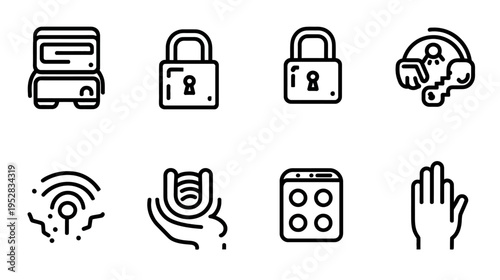 Digital Security and Authentication Icon Set: Padlock, Biometric Fingerprint, Wireless Access, Data Protection and Privacy Technology