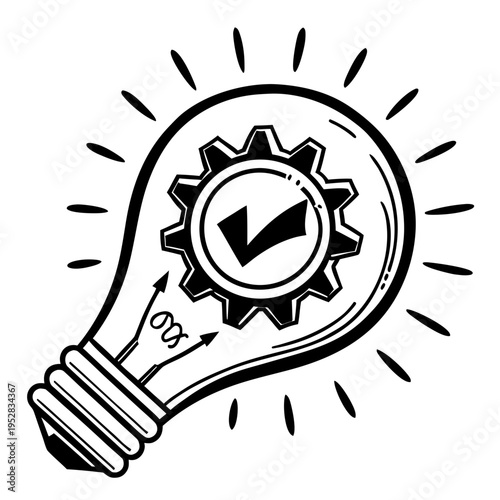 Light bulb with internal gear and checkmark signifying innovative solution and efficient progress in business ideas