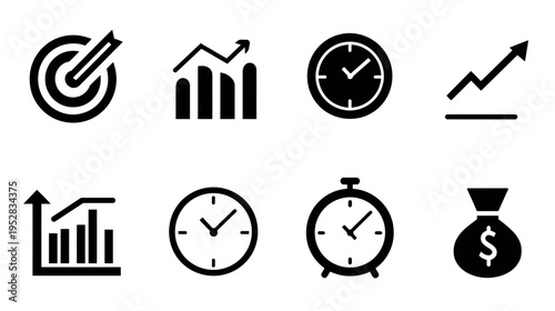 Essential Business Finance Icons: Growth, Target, Time, and Money Bag for Strategy and Success Concepts