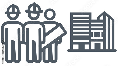 Construction Team and Building Outline Icon. Professional workers in hard hats collaborating on an architectural or engineering project.