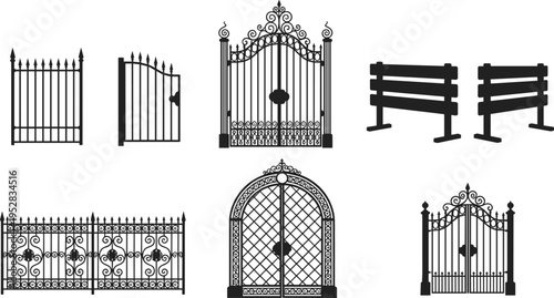 Collection of decorative wrought iron gates and fences in black silhouette style featuring ornate scrollwork, pointed finials, floral motifs, and architectural design inspiration