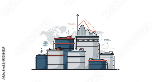 Illustration of Industrial Storage Tanks with Detailed Outlines and Color Accents.