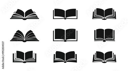 Vector set of open book icons. Collection of reading, education, and knowledge symbols. Black silhouettes for school and library concepts.