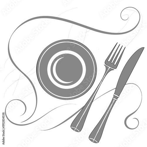 Elegant dining setup with gray plate, fork, and knife, surrounded by decorative swirling lines on clean white background