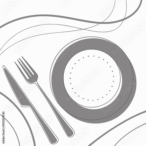 Minimalist dining setup with gray plate, fork, and knife, surrounded by decorative swirling lines on clean white background