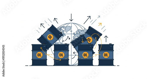Global Oil Market Dynamics - Barrels, Globe, and Arrows.