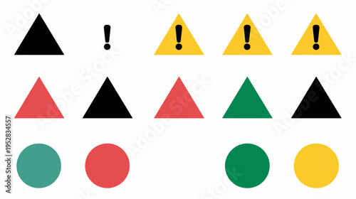 Minimalist geometric warning signs and colored status indicator circles vector set. Safety hazard symbols and basic graphic elements.