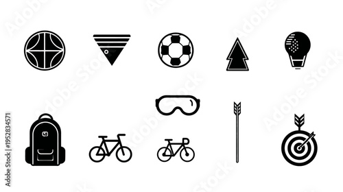 Flat Design Vector Icons Set: Sports, Outdoor Adventure, Cycling, Archery, Backpack, Idea. Minimalist Black and White Pictograms.