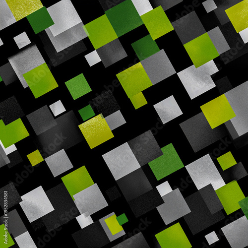 Abstract geometric illustration featuring black lines, squares, and circles in varying sizes with green accents on a white background, representing modern digital design concepts