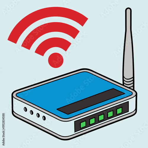 Wifi router device with antenna and red signal wave icon for high speed internet connection and wireless networking technology vector illustration art