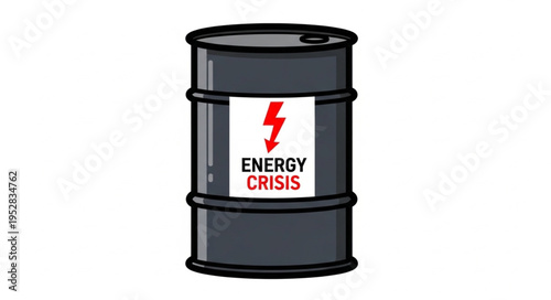 Black Oil Barrel with Energy Crisis Label and Lightning Bolt.