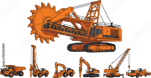 Collection of heavy construction and mining machinery including bucket‑wheel excavator, dump truck, crane, drilling rig, loader and excavator, 