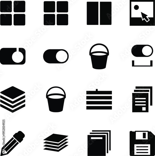 Collection of black interface including grid layout toggle switch bucket and floppy disk symbol