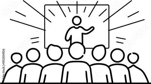 Public Speaking Outline Icon: Speaker on Stage Addressing an Audience at a Conference, Training Session, Education Workshop, or Seminar.