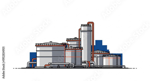 Industrial Plant Illustration - Oil Refinery and Storage Tanks.