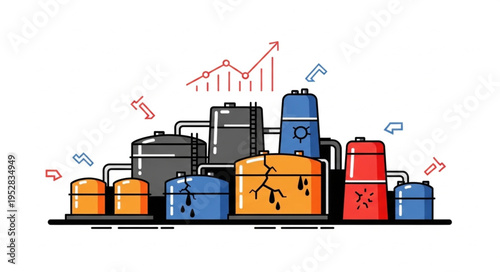 Illustration of Industrial Tanks with Rising Graph, Representing Economic Growth.