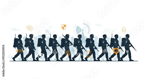 Silhouetted Soldiers Marching in Formation with Rifles and Backpacks.