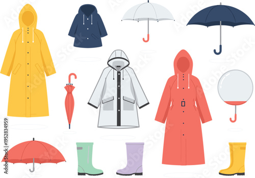 Rainy season clothing and accessories collection with raincoats umbrellas boots and weather protection items flat vector illustration set