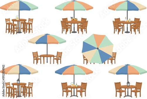 Outdoor cafe tables with umbrellas collection wooden chairs street restaurant furniture set flat vector illustration