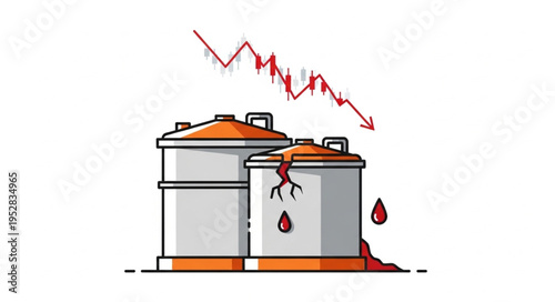 Oil Industry Decline - Leaking Tanks and Falling Prices Illustration.