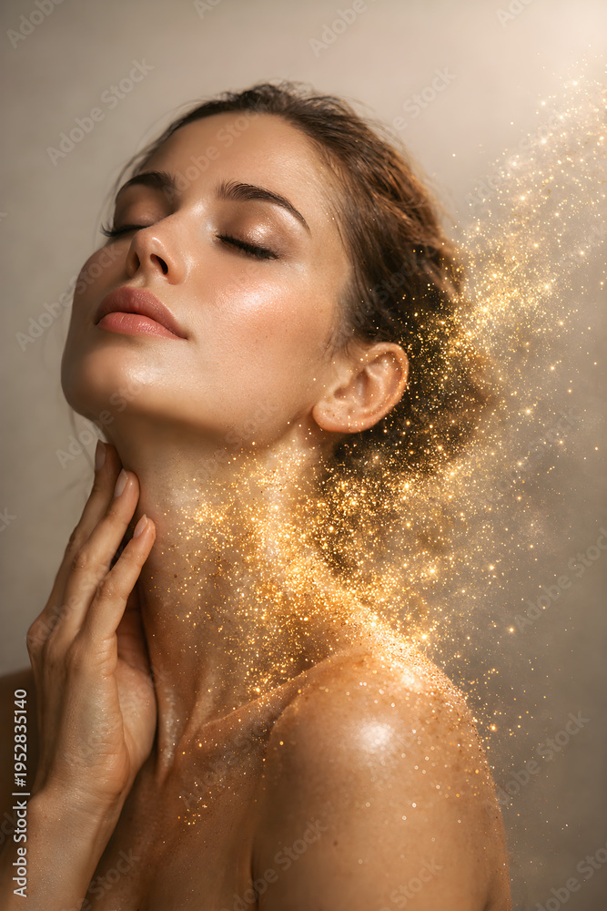 Naklejka premium Woman with closed eyes, hand on neck