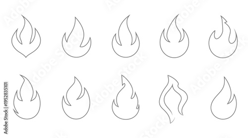 Collection of Outline Fire Flame Icons. Simple Hot Burn Blaze Elements Set. Heat and Energy Symbol Vector Illustration.