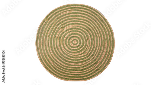 Фотография Isolated round woven placemat or rug with spiral two-tone green and beige stripes