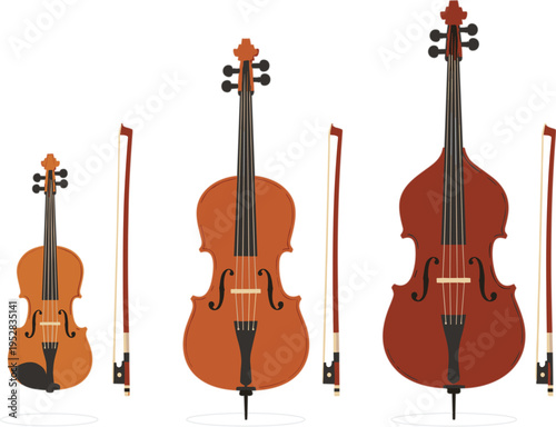 Violin and cello string instruments collection with bows classical music orchestra equipment flat vector illustration set