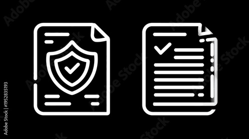 Secure document and verified agreement outline icons representing data protection, legal policy, compliance, and official contracts