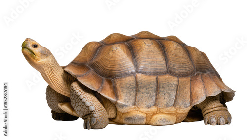 Isolated majestic African sulcata tortoise, side view, detailed textured brown shell and head