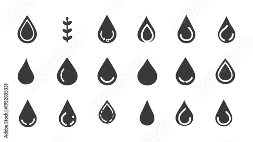 Diverse vector water drop icon set in black and white, depicting liquid, rain, aqua, and natural elements for graphic design.