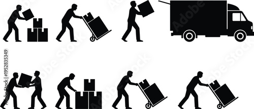 Warehouse silhouettes, logistics workers, box handling, delivery truck, hand truck, stacking boxes, teamwork, moving services, manual labor, black and white illustration