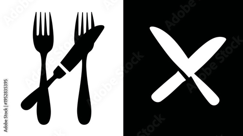Stylized black and white graphic design featuring crossed dining forks and knives, minimalist icon for restaurant and food service.