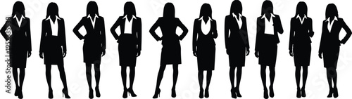 Silhouette illustration of businesswomen standing in row, corporate teamwork, professionalism, office attire, leadership, diversity, vector art concept