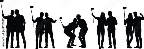Silhouette illustration of couples taking selfies with selfie sticks, modern social interaction, photography trend, technology, friendship, vector art concept