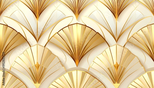 Luxury Gold and White Art Deco Fan Seamless Pattern Background with 3D Relief Effect Elegant Golden Geometric Shell Decorative Backdrop