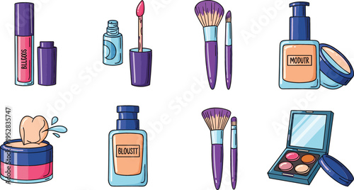 Collection of Stylish and Vibrant Makeup Products Including Lip Gloss, Nail Polish, Brushes, and Cosmetics for Beauty Lovers