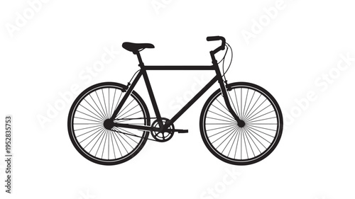 Bicycle silhouette with black frame, wheels, seat, handlebars, and pedals on a white background. featuring bike, cycling, transport with vehicle and