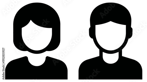 Male and female user profile silhouette icons, generic person avatars for social media, account, and people representation