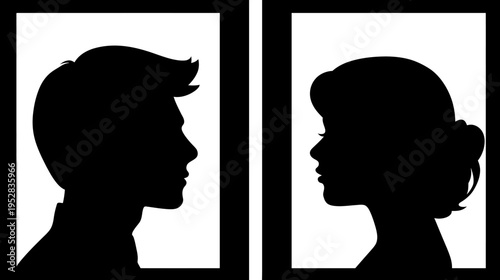 Black silhouettes of a man and woman in profile facing each other, representing connection, gender, and human relationships.