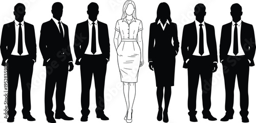 Silhouette illustration of diverse business professionals standing in line, corporate teamwork, leadership, office attire, professional identity, vector art concept