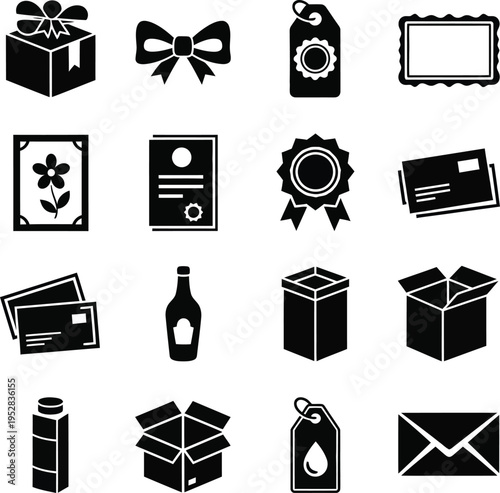 Collection of black representing gifts boxes envelopes tags and bottles gift box bow tag certificate rosette envelope postcard flower frame bottle carton package open box mail delivery shipping